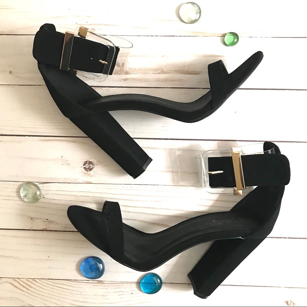 Qupid Black Faux Suede Clear Ankle Strap Heels 7.5